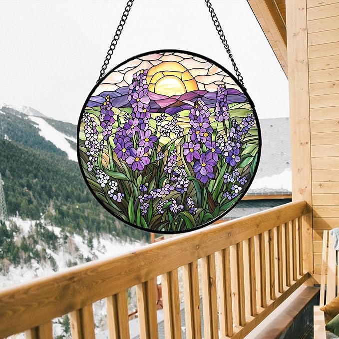 Stained Glass Window Hanging - Purple Lavender Suncatcher for Door Terrace Garden Home Decor Plant Flowers Landscape Sun Catcher Birthday Gifts for Lovers Women Men Dad Mom Nana 15 in