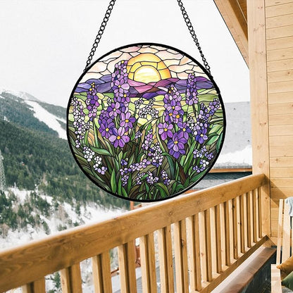 Stained Glass Window Hanging - Purple Lavender Suncatcher for Door Terrace Garden Home Decor Plant Flowers Landscape Sun Catcher Birthday Gifts for Lovers Women Men Dad Mom Nana 15 in