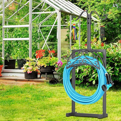 Garden Hose Holder Hanger Freestanding, Upgraded 4 Spikes Heavy Duty Storage Reel Stand with Shepherds Hooks, Holds 150ft Hose for Outside Garden Yard Lawn vegetable patch