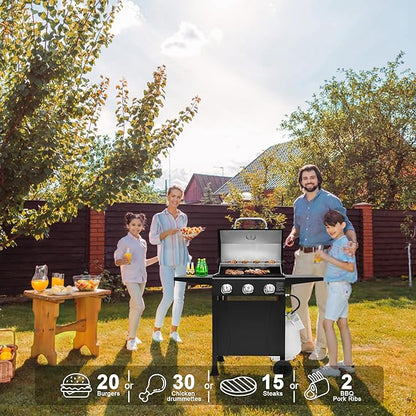 Brand-Man 3-Burner Propane Gas Grill, 27,000 BTU BBQ Grill with Porcelain-Enameled Grates, Built-In Thermometer, Side Shelves, Heavy-Duty Wheels – Outdoor Grill for Patio, Backyard & Garden