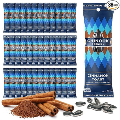 Chinook Seedery Low Sodium Sunflower Seeds – Cinnamon Toast Flavor, Pack of 36, 1.5oz – Sunflower Seeds to Eat – Keto, Jumbo, Roasted, Baseball Snacks