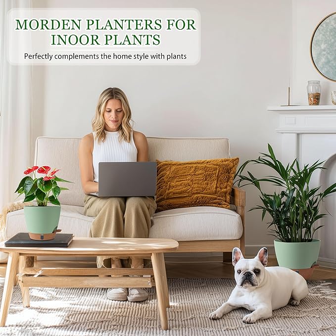 Self Watering Pots for Inoor Ourdoor Plants 10/9/8/7/6.5 Inch Plastic Planters with Drainage Holes & Water Level Indicator, Decorative House Flower Nursery Planting Pots with Saucers (Green)