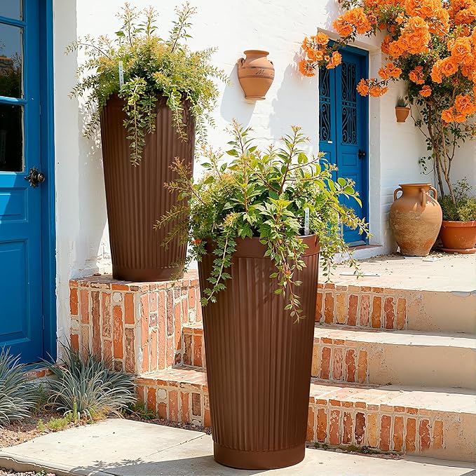 Set of 2 Large Planter Outdoor Self Watering Pots for Indoor Plants, 24" Tall Planters with Drainage Hole for Patio, Garden (Brown Ribbed)