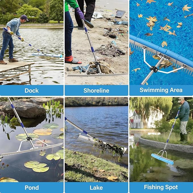 Aluminum Landscape & Lake Rake, 31'' Wide Heavy Duty Rakes for Gravel Driveway Leveling,Soil Loosening,Aquatic Weed,Algae Removal, Long Handle Landscaping Tool for Beach, Garden & Lawn Yard Cleaning