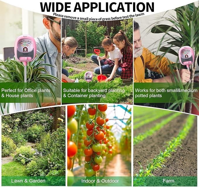 HSLGOVE 4-in-1 Soil Test Kit – Soil Moisture Meter, pH, Fertility & Sun-Light, No Battery Required, Large Dial Soil Tester for Indoor & Outdoor Gardening, Lawn, Farm – MilkPink