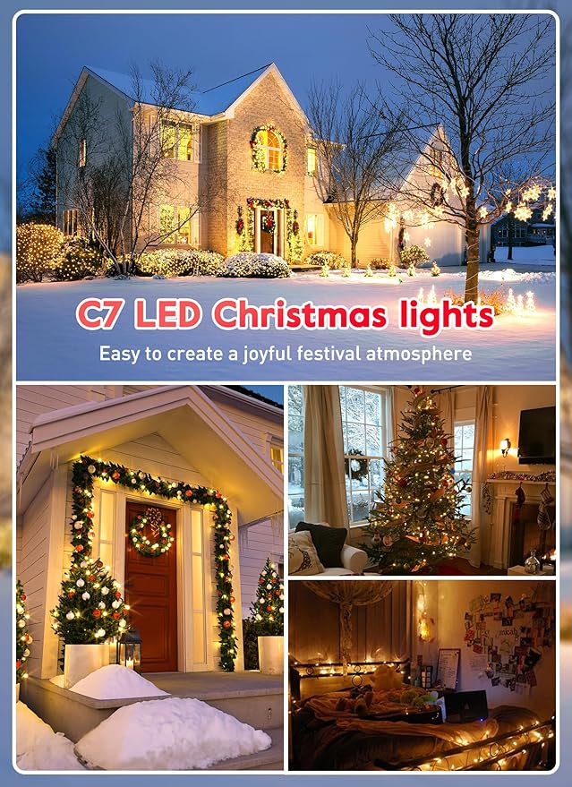 Brightown C7 Clear LED Christmas String Lights Outdoor, 25FT Connectable with 26 0.6W Bulbs (1 Spare), Vintage Hanging Lights for Xmas Holiday Party, Patio, Roofline House Decor