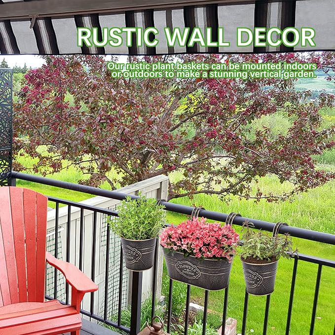 PerGar Vintage Metal Iron Wall Hanging Flower Pots, Rustic Planter Bucket Herb Flower Plant Holder with Detachable Hooks & Drainage Hole for Railing Fence Balcony Deck Garden Home Decoration, Set of 3