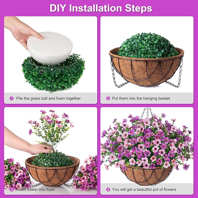 Artificial Silk Flowers Hanging Basket for Outdoor Indoor, Daisy with Eucalyptus Leaves Arrangement for Garden Yard Spring Decor, Faux Green Plant in Metal Coconut Lining Pot(Purple Pink)