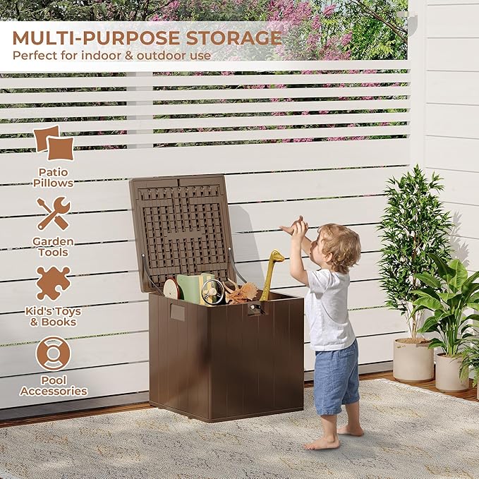 28 gal Brown Resin Deck Box, Outdoor Storage Box Waterproof Lockable, Patio Square Deck Box For Package Delivery, Outside Storage Box Container for Furniture Cushions, Garden Tools, Pool Accessories