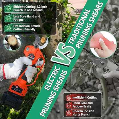 Cordless Electric Pruning Shears, 1.2" (3cm) Cutting Diameter, SK5 Blade, 2×21V 4500mAh Batteries, Lightweight Ergonomic Garden Tree Branch Cutter