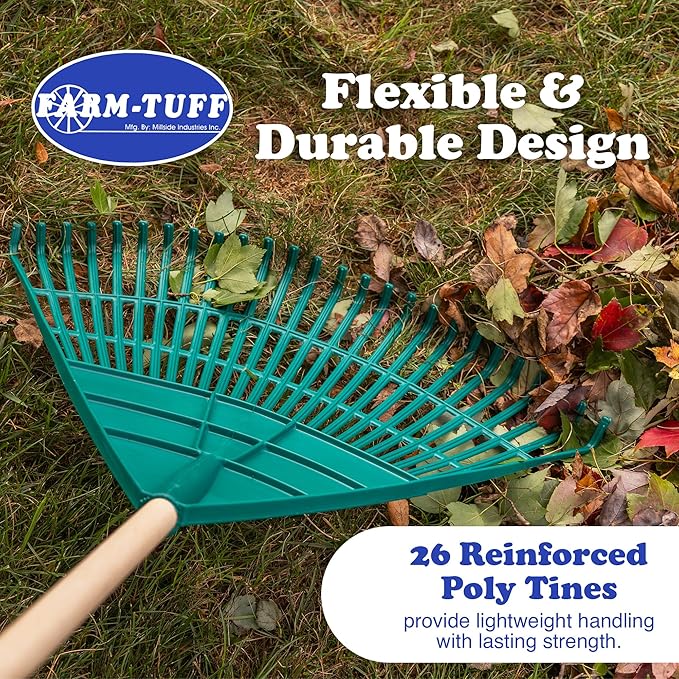 FARM-TUFF 24” Leaf & Lawn Rake with 48” Hardwood Handle - Extra-Wide, Durable Rake for Lawns, Gardens, and Yard Cleanup