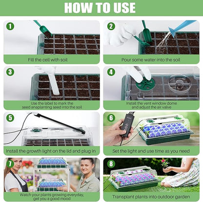 Saillong 4 Pack Seed Starter Tray with Grow Light, 80 Cells Indoor Greenhouse Kit, 360° Full Spectrum LED, Smart Timer, 5 Brightness Levels Indoor Plant Starter Kit for Home Gardeners