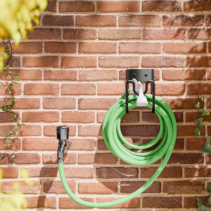 Black Metal Garden Hose Holder - Wall Mounted Water Hose Holder - Hose Hanger Heavy Duty for Water Hose Extension Cords Vacuum Hose (1 Pack)