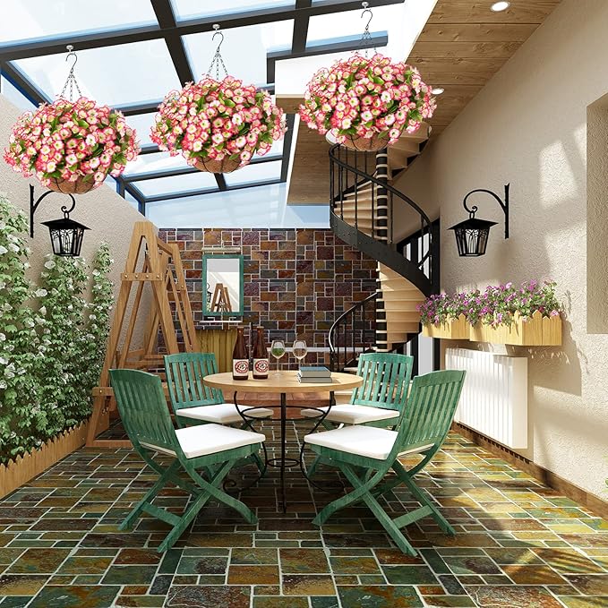 Artificial Hanging Flower Plants with Basket for Outdoor Decoration, Faux Petunias Flowers Fake Morning Glories Planter for Outside Patio Garden Porch Balcony Yard Decor(Pink)