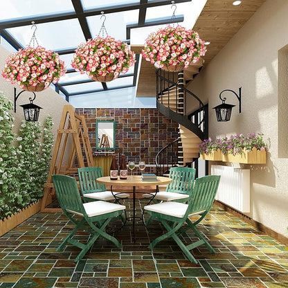 Artificial Hanging Flower Plants with Basket for Outdoor Decoration, Faux Petunias Flowers Fake Morning Glories Planter for Outside Patio Garden Porch Balcony Yard Decor(Pink)