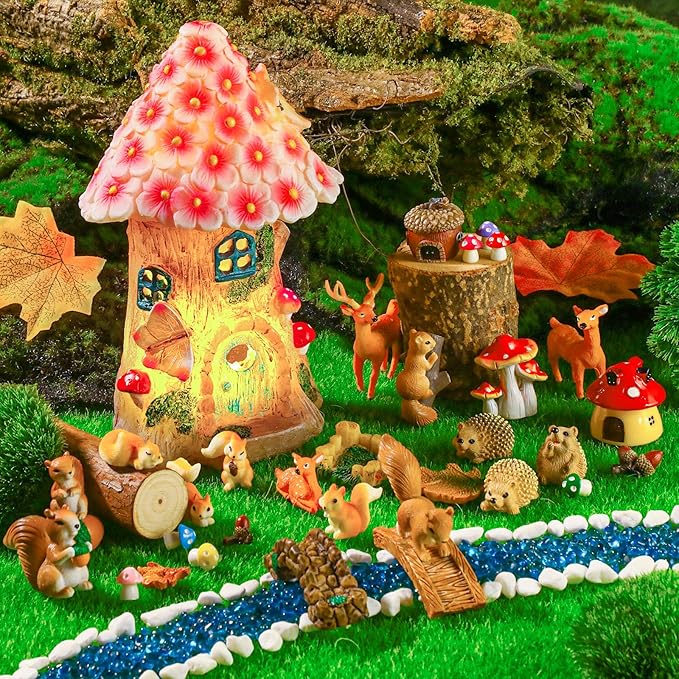 Unittype 33 Pcs Squirrel Garden Accessories Miniature Squirrel Figurines Tiny Resin Bridge Mushroom Pine Nuts Miniature Garden Kit for Craft Decoration