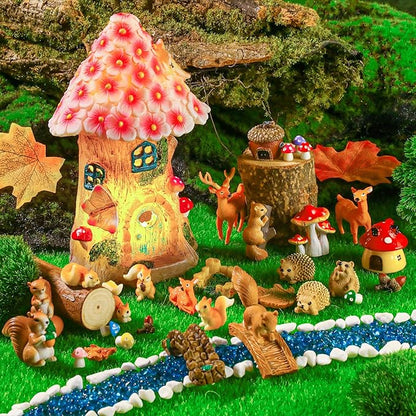 Unittype 33 Pcs Squirrel Garden Accessories Miniature Squirrel Figurines Tiny Resin Bridge Mushroom Pine Nuts Miniature Garden Kit for Craft Decoration