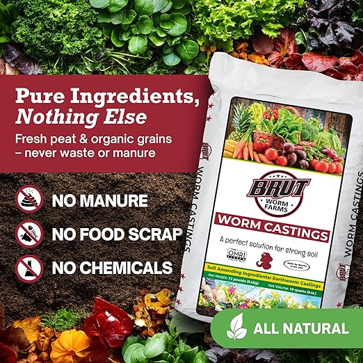 Brut Organic Worm Castings for Plants 12 LB – Natural Nutrients, Fertility Builder, Plant Food for Potting Soil and Garden Soil – Indoor and Outdoor Use