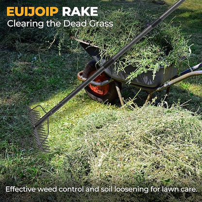 49" Rake - 17" Extra Wide Garden Tool with Double-Sided Head, Heavy Duty Lightweight Stainless Steel Construction for Mulching & Debris Removal, Leveling Lawn, Loosening Soil, Leaf Cleanup, Soil Prep