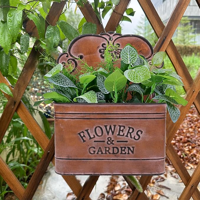 CVHOMEDECO. Farmhouse Metal Wall Planter Rustic Galvanized Flower Holder Wall Mount Flower pots for Indoor, Outdoor and Wall Decor, Set of 2 (Rusty)