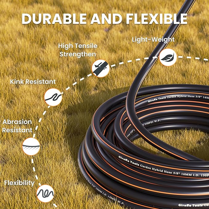 Giraffe Tools Garden Hose 50ft x 5/8", Water Hose Heavy Duty, Flexible, Lightweight Hybrid Hose with Swivel Handle, Male to Female Fittings, Burst 600 PSI