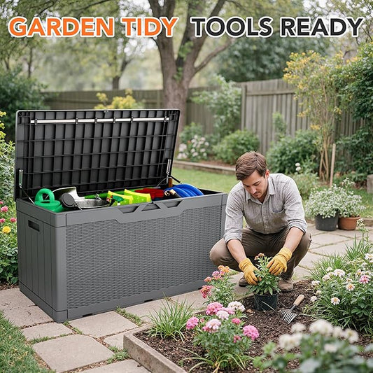 105 Gallon Deck Box Outdoor Indoor Waterproof Storage Box for Patio Furniture, Pool Accessories, Garden Tools, and Cushion Storage, Gray