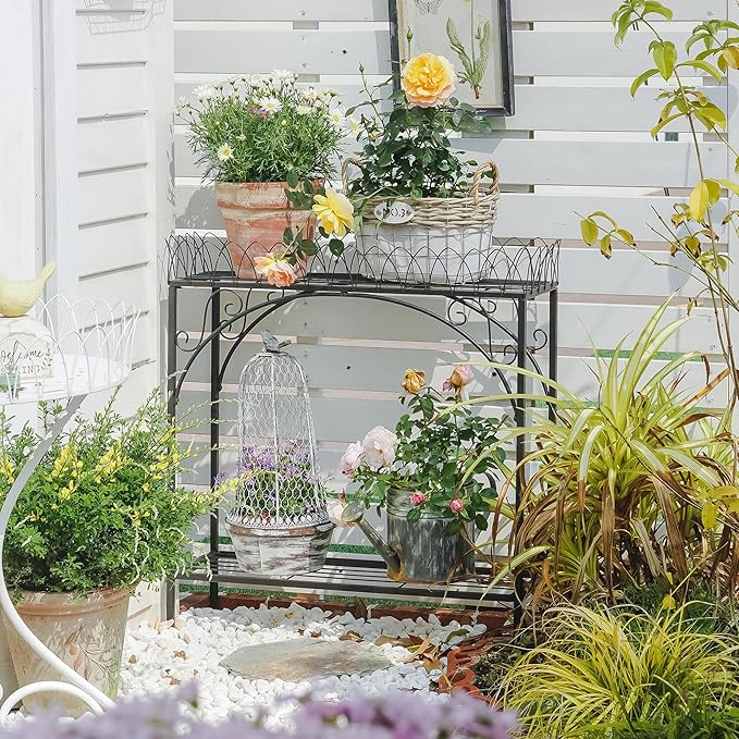 Black Long Double-Layer Plant Shelf, French Courtyard Style Metal Stand for Tall Potted Plants, Sturdy Indoor Outdoor Planter Holder Garden Decor