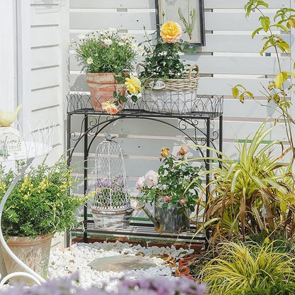 Black Long Double-Layer Plant Shelf, French Courtyard Style Metal Stand for Tall Potted Plants, Sturdy Indoor Outdoor Planter Holder Garden Decor