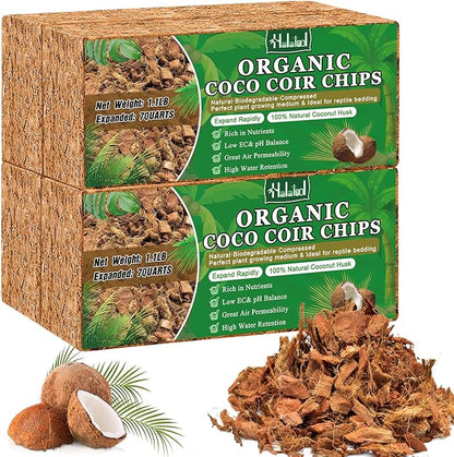 Halatool 4 Pcs Coco Husk Chips for Plants - 4.4 LB 100% Organic Coconut Coir Chips with Low EC and pH Balanced, Compressed Coco Substrate Growing Mulch Medium for Landscaping, Herbs, Plants, Flowers