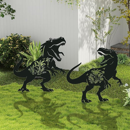 Dinosaur Metal Garden Stakes Yard Decor, 2PCS Black Dinosaur and Rainforest Silhouette Statues Garden Decorative Gifts for Yard Art, Patio, Outside, Lawn Ornaments, Christmas, Backyard, Pathway