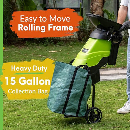 Electric Wood Chipper & Mulcher – 15A Powerful Garden Shredder for Branches, Leaves & Yard Waste – Compact, Quiet & Easy to Use with Collection Bag