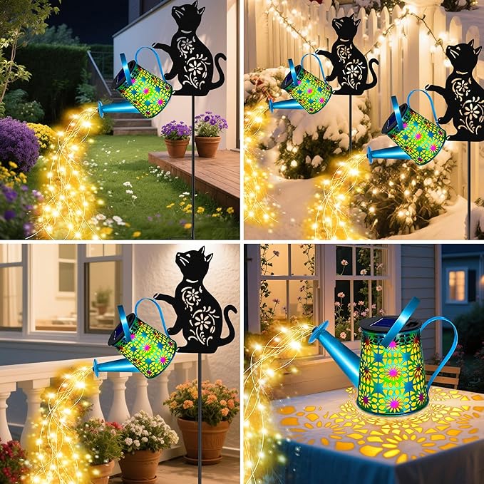 Black Cat Solar Watering Can Lights, Birthday Gifts for Women Mom Christmas Mother's Day, Yard Decorations Outdoor Waterproof, Blue Metal Hanging Lantern, Solar Lights Garden Decor Patio Pathway