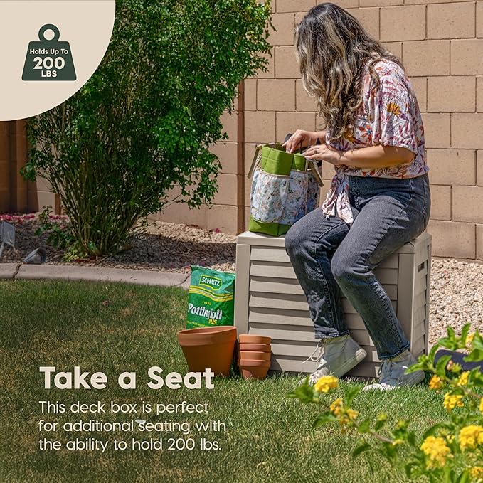 IRIS USA 35-Gallon Outdoor Deck Delivery Storage Box, Lockable & UV-Protected, Weather-Resistant Patio Storage for Cushions, Garden Tools & Packages, Waterproof Resin, Durable & Stylish Design - Beige