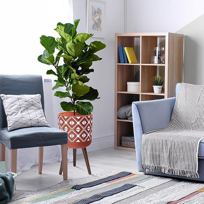 D'vine Dev 12 Inch Planter Pot with Stand, Mid-Century Tall Plant Pot with Legs for Indoor Plants, Pottery Red Terracotta/White, 88-G-C-5