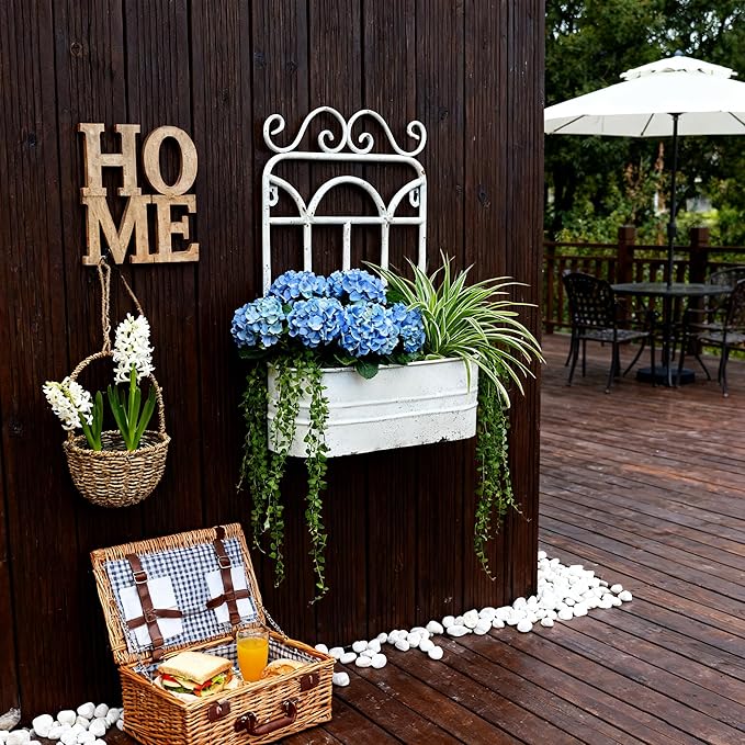 Vintage Rustic Wall Planter Distressed Decor Iron Hanging Plant Basket Shabby Metal Wall Mounted Flower Holder Pot Stand for Indoor Outdoor Home Balcony Patio Farmhouse Garden Decorative (White)