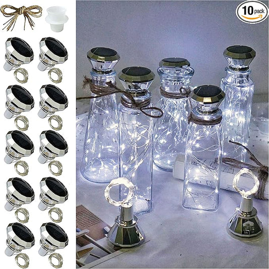 Solar Wine Bottle Lights, 10 Pack Diamond Cork Lights, 20 LED Outdoor Waterproof Fairy String Lights for Garden Wedding Patio（Cool White）