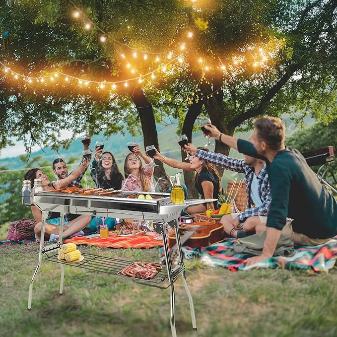 Portable Charcoal Grill, Large Stainless Steel Folding BBQ Grill with Storage Shelf, Foldable Barbecue Grill for Outdoor Cooking Camping Hiking Backyard Garden Picnic Parties Kabob (39x13.4x28 Inch)
