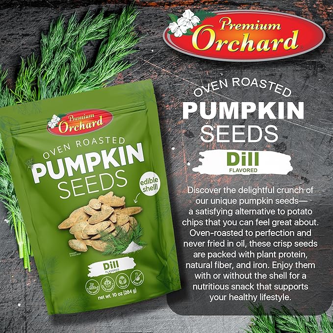 PREMIUM ORCHARD Flavored Pumpkin Seeds Oven Roasted | Dill Flavor | High Protein Snacks for Kids and Adults | Vegan Snack | Non GMO | KETO