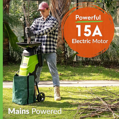 Electric Wood Chipper & Mulcher – 15A Powerful Garden Shredder for Branches, Leaves & Yard Waste – Compact, Quiet & Easy to Use with Collection Bag