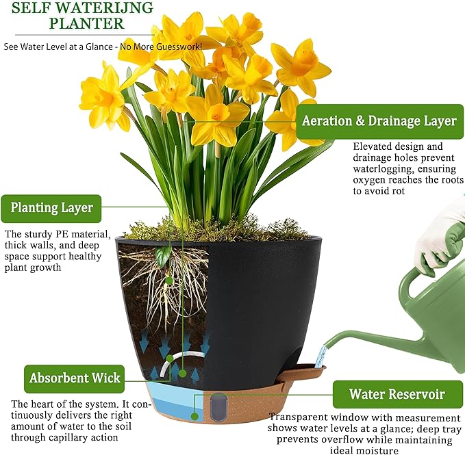 Self Watering Pots for Inoor Ourdoor Plants 10/9/8/7/6.5 Inch Plastic Planters with Drainage Holes & Water Level Indicator, Decorative House Flower Nursery Planting Pots with Saucers (Black)