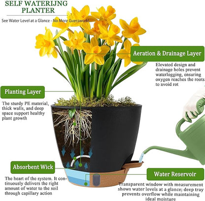 Self Watering Pots for Inoor Ourdoor Plants 10/9/8/7/6.5 Inch Plastic Planters with Drainage Holes & Water Level Indicator, Decorative House Flower Nursery Planting Pots with Saucers (Black)