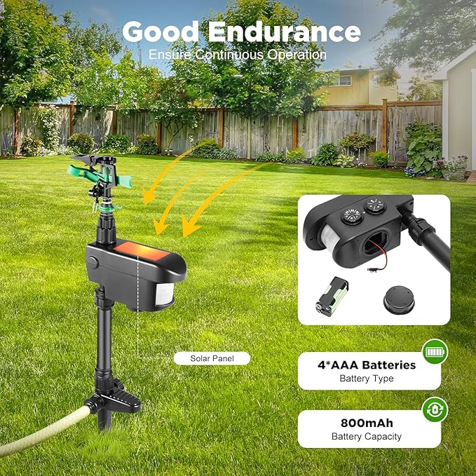 Solar Water Sprinkler Solar Powered Motion Activated Water Sprinkler Outdoor Sprinklers with Motion Sensor for Farmland Lawn Courtyard 1000ft², Applicable Temperature 32-104℉