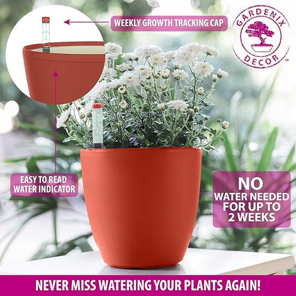 GARDENIX DECOR Self Watering Pots for Indoor Plants 3 Pack - Flower Pot with Water Level Indicator for Plants, Grow Tracking Tool - Self Watering Planter Plant Pot - Coco Coir - Terracota