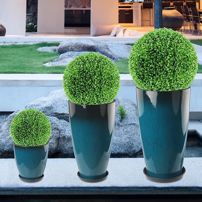 24-21-11 Inch Tall Planters Set of 3, Indoor Outdoor Blue Glossy Round Planter with Drainage Hole and Saucer, Large Decorative Plant Pots for Home Garden Porch