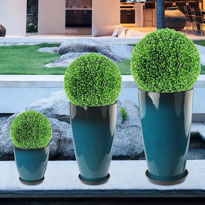 24-21-11 Inch Tall Planters Set of 3, Indoor Outdoor Blue Glossy Round Planter with Drainage Hole and Saucer, Large Decorative Plant Pots for Home Garden Porch