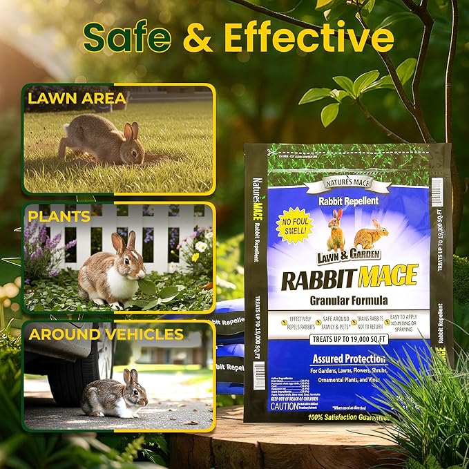 Nature's Mace Rabbit MACE Granules, 90 Pounds, Treats 57,000 sq ft, Rabbit Repellent Granular, Outdoor Deterrent for Garden, Landscape Protection, Safe to Use Around Pets, People, & Plants