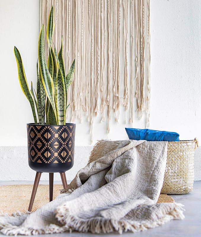 D'vine Dev 12 Inch Planter Pot with Stand, Mid-Century Tall Plant Pot with Legs for Indoor Plants, Bronze/Black, 88-G-C-6