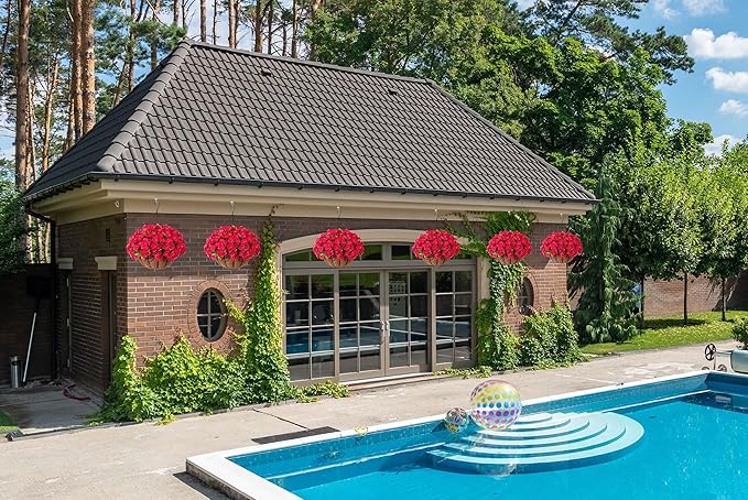 Artificial Hanging Flower Plants with Basket for Outdoor Decoration, Faux Petunias Flowers Fake Morning Glory Planter for Outside Patio Garden Porch Balcony Yard Decor(Rose Red)