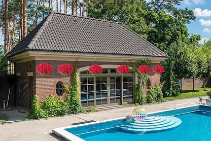 Artificial Hanging Flower Plants with Basket for Outdoor Decoration, Faux Petunias Flowers Fake Morning Glory Planter for Outside Patio Garden Porch Balcony Yard Decor(Rose Red)