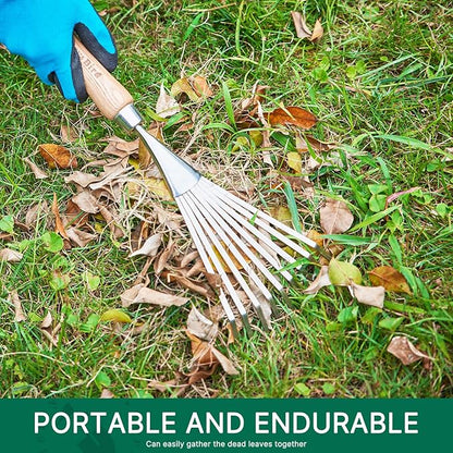 Berry&Bird Gardening Hand Shrub Rake, 14.7" Stainless Steel Grass Rake, 9 Tines Fan Lawn Leaf with Ergonomic Wooden Handle, Small Hand Rake for Sweep Leaves & Loose Debris in Garden, Lawns and Yards